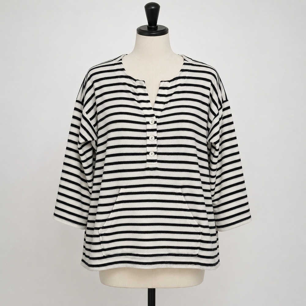 J. Jill Womens Striped Terry Cloth Henley Top Kangaroo Pocket Boxy Small